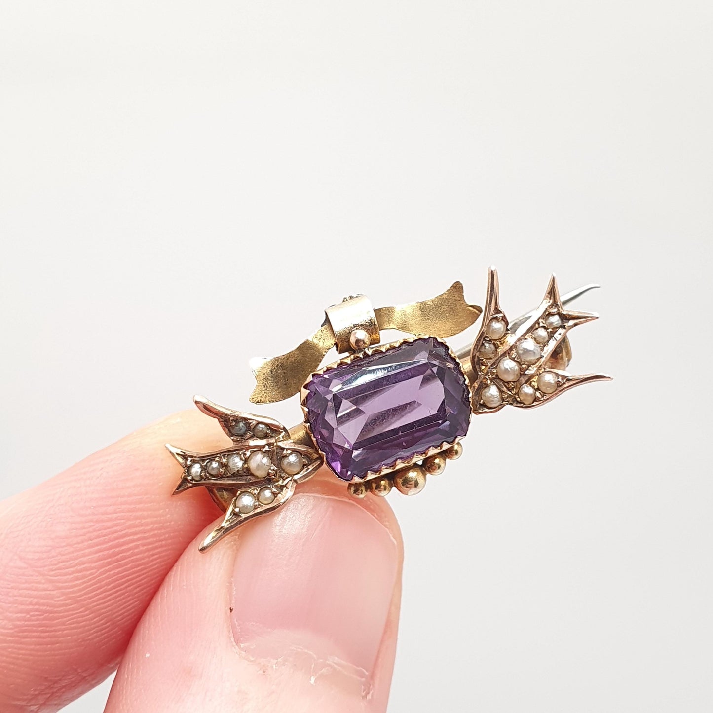 Antique 9ct Gold Amethyst Swallow Bird Brooch Bird Victorian 1897 Pin Seed Pearl Pair of Swallows Solid 9kt 9k Vintage Jewelry Jewellery