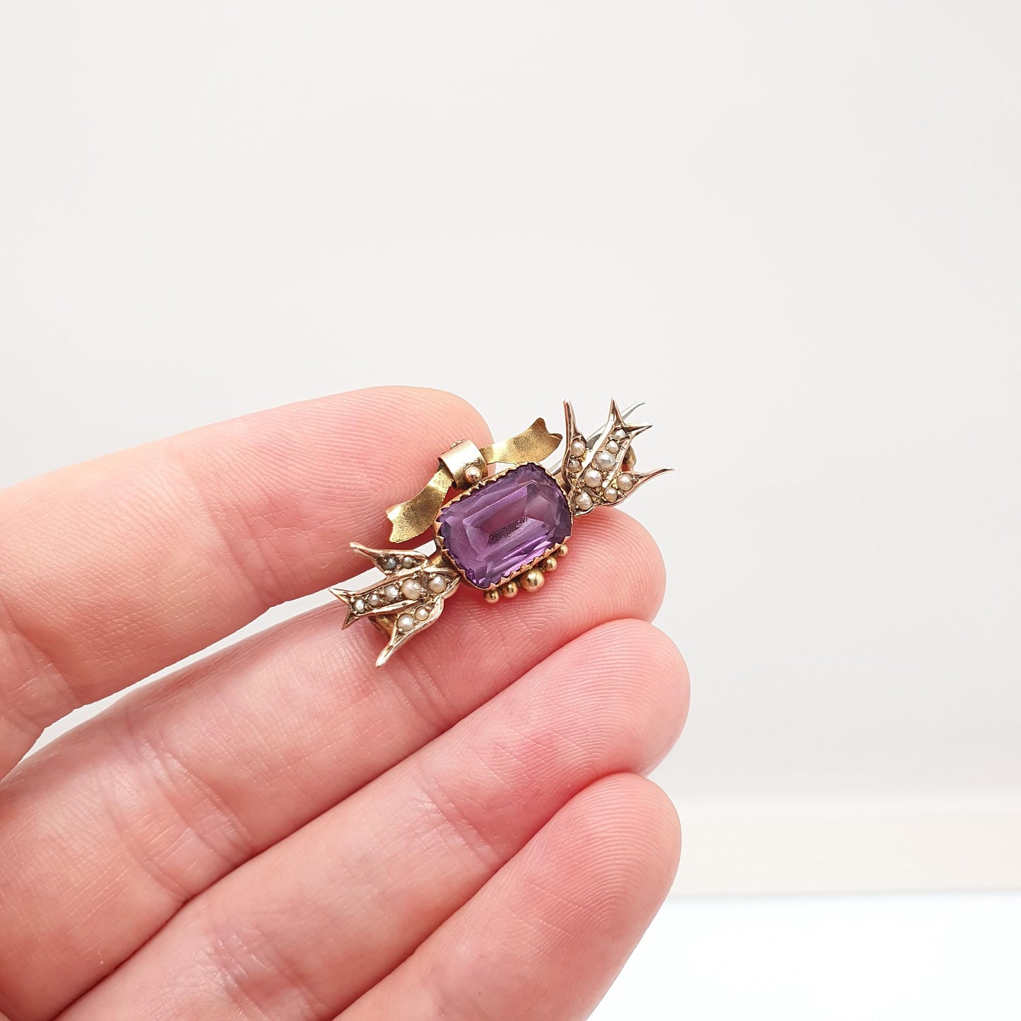 Antique 9ct Gold Amethyst Swallow Bird Brooch Bird Victorian 1897 Pin Seed Pearl Pair of Swallows Solid 9kt 9k Vintage Jewelry Jewellery