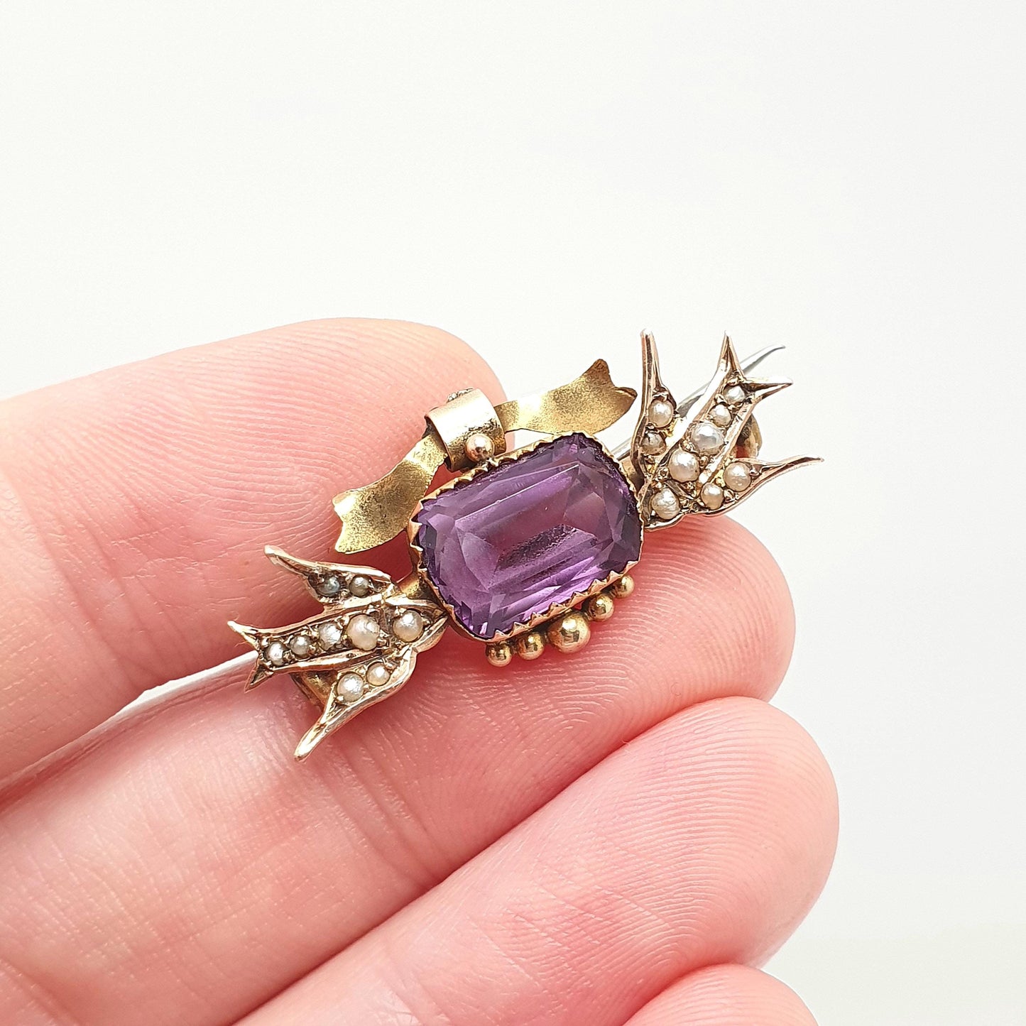 Antique 9ct Gold Amethyst Swallow Bird Brooch Bird Victorian 1897 Pin Seed Pearl Pair of Swallows Solid 9kt 9k Vintage Jewelry Jewellery