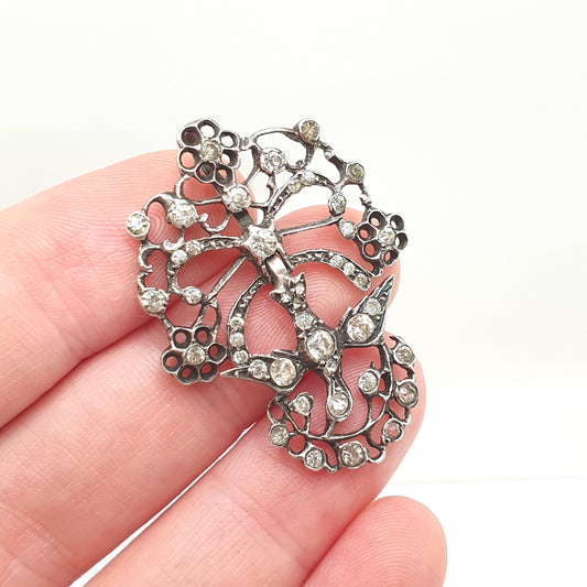 Antique Solid Silver Esprit Dove Diamond Paste Pendant Victorian Bird Necklace French Georgian Style Vintage Womens Jewellery Jewelry