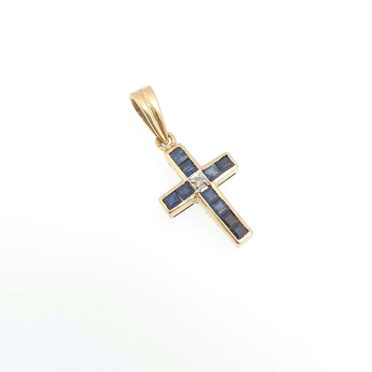 Vintage 18ct Gold Sapphire & Diamond Cross Crucifix Necklace Pendant Solid 750 18kt Square Cut Channel Set Jewelry Jewellery