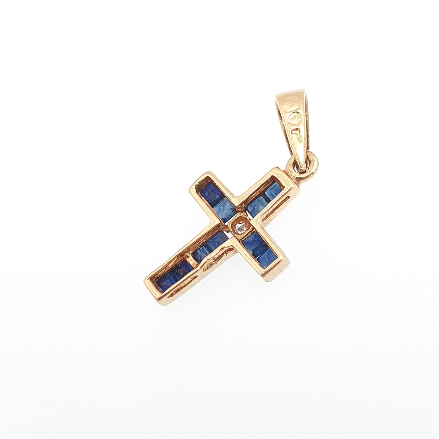 Vintage 18ct Gold Sapphire & Diamond Cross Crucifix Necklace Pendant Solid 750 18kt Square Cut Channel Set Jewelry Jewellery