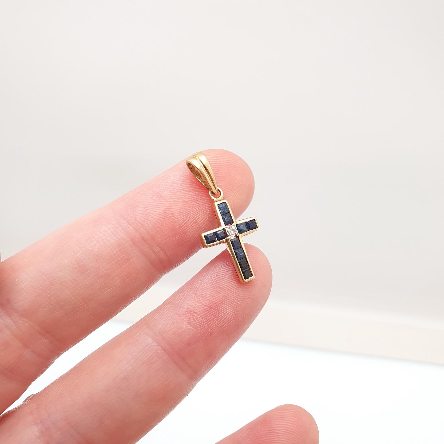 Vintage 18ct Gold Sapphire & Diamond Cross Crucifix Necklace Pendant Solid 750 18kt Square Cut Channel Set Jewelry Jewellery