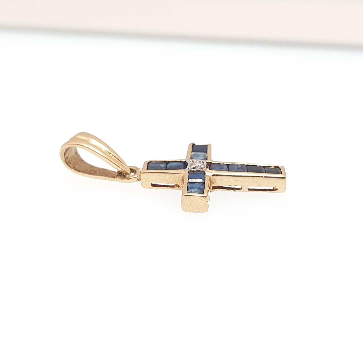 Vintage 18ct Gold Sapphire & Diamond Cross Crucifix Necklace Pendant Solid 750 18kt Square Cut Channel Set Jewelry Jewellery