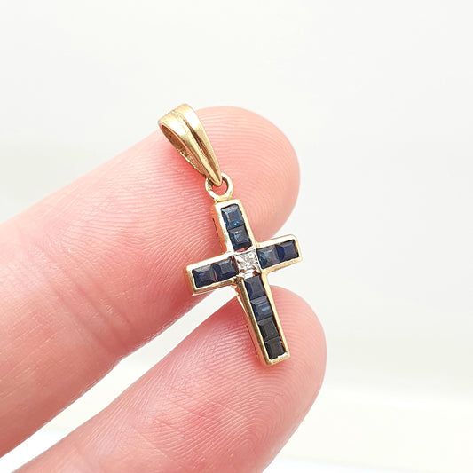 Vintage 18ct Gold Sapphire & Diamond Cross Crucifix Necklace Pendant Solid 750 18kt Square Cut Channel Set Jewelry Jewellery