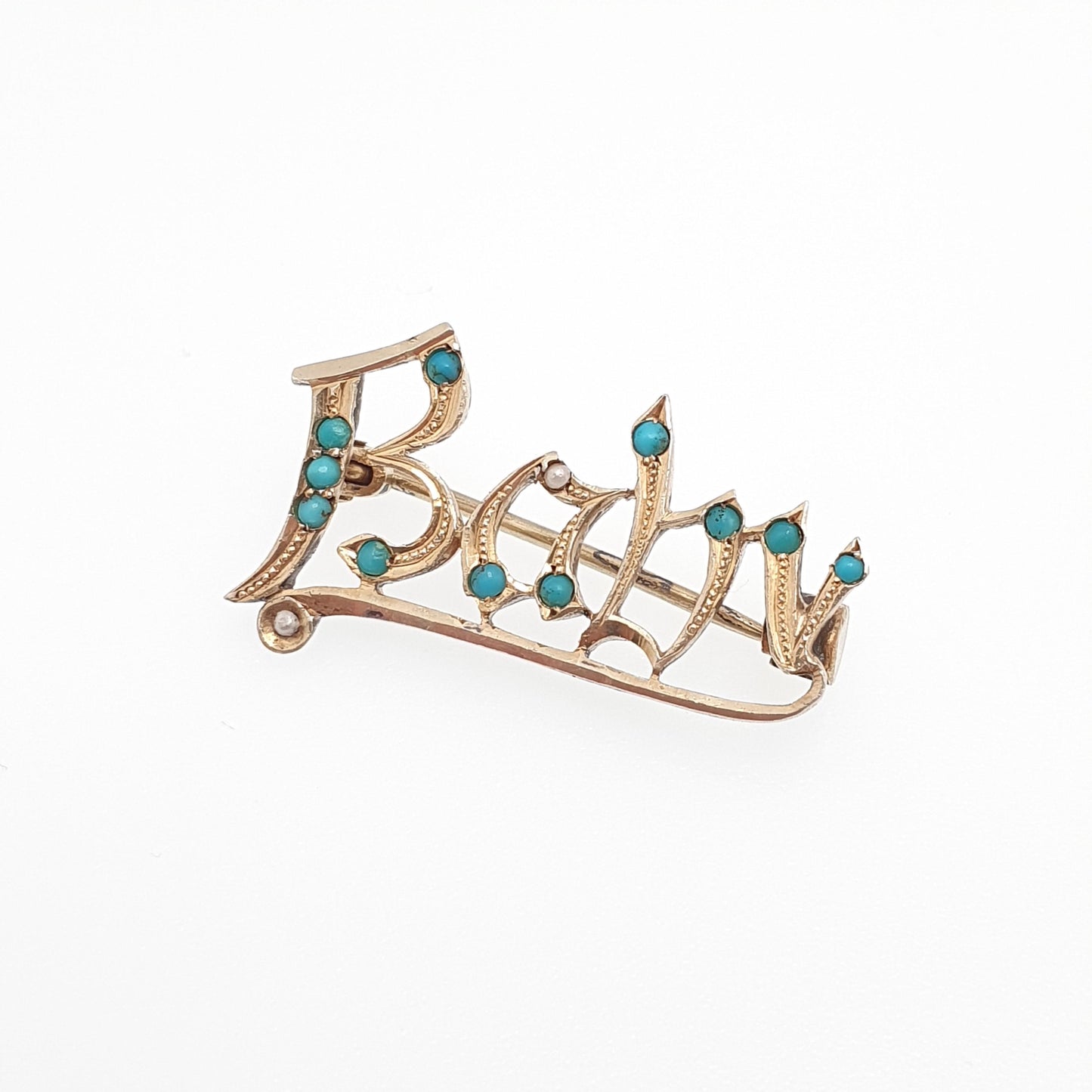RESERVED/SOLD DON Antique Victorian Solid Silver Gold Vermeil BABY Brooch Turquoise and Seed Pearl