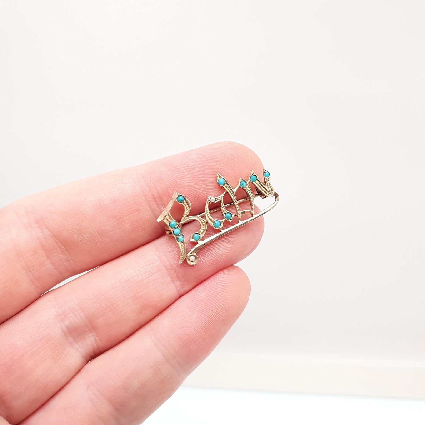 RESERVED/SOLD DON Antique Victorian Solid Silver Gold Vermeil BABY Brooch Turquoise and Seed Pearl