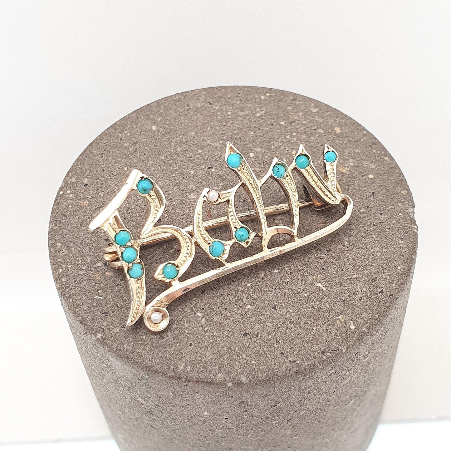 RESERVED/SOLD DON Antique Victorian Solid Silver Gold Vermeil BABY Brooch Turquoise and Seed Pearl