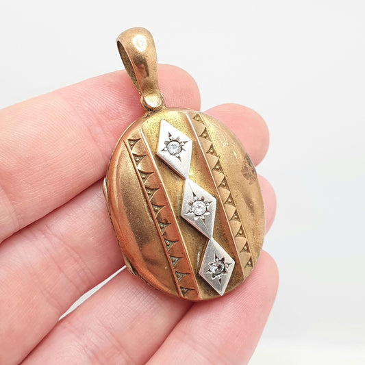 Antique Victorian Diamond Paste Necklace Pendant Gold Tone Base Metal Large Oval Vintage 1800s Big Jewellery Jewelry