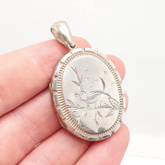 Antique Victorian Solid Silver Bird Locket Back and Front Pendant Necklace Hand Engraved Aesthetic Vintage