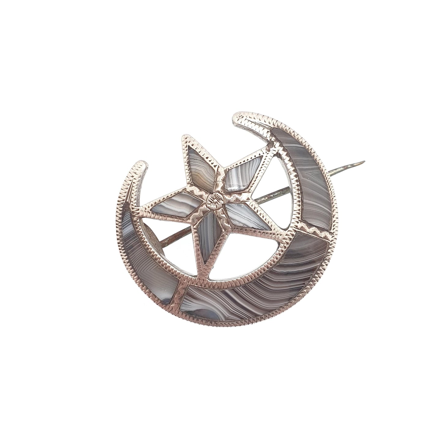 Antique Sterling Silver Star & Crescent Moon Brooch Montrose Blue Lace Agate Victorian Scottish Vintage