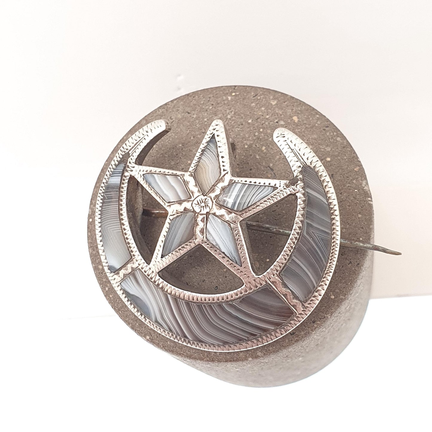 Antique Sterling Silver Star & Crescent Moon Brooch Montrose Blue Lace Agate Victorian Scottish Vintage