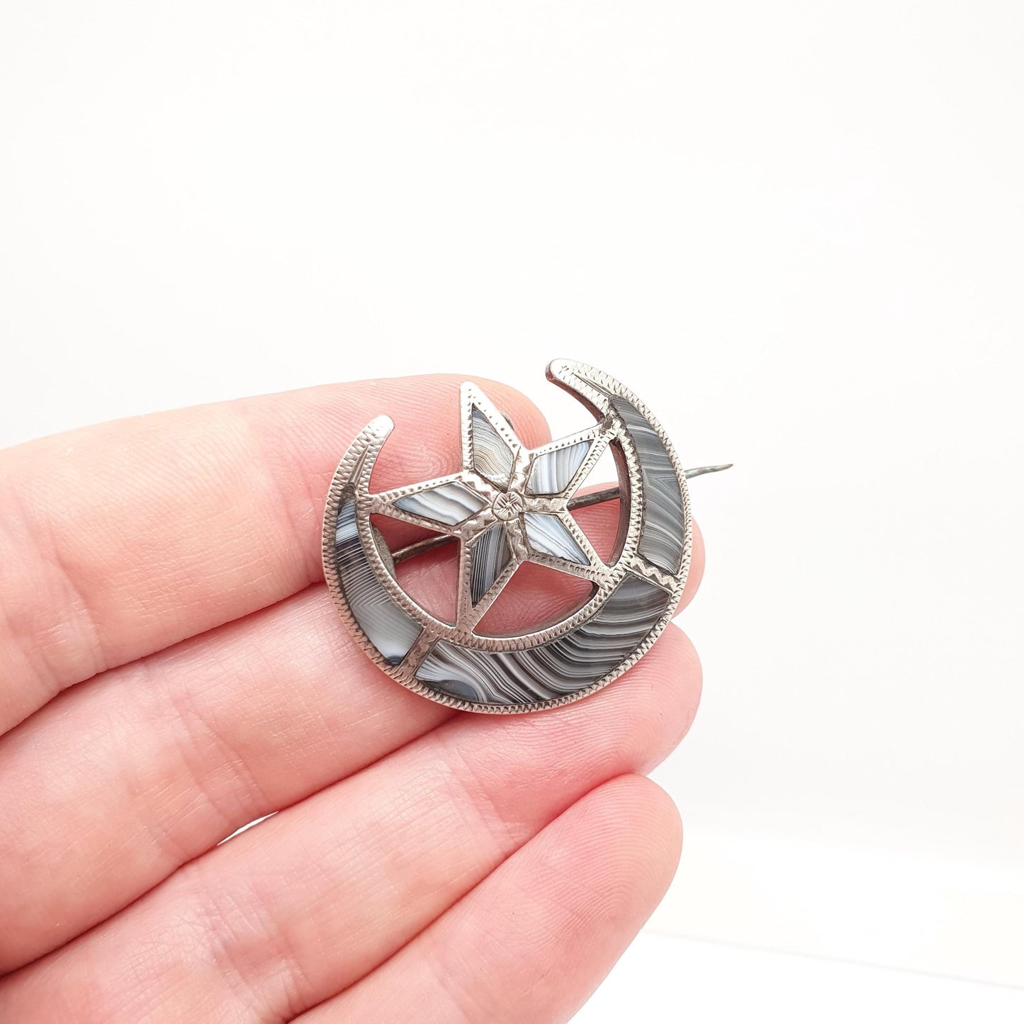 Antique Sterling Silver Star & Crescent Moon Brooch Montrose Blue Lace Agate Victorian Scottish Vintage