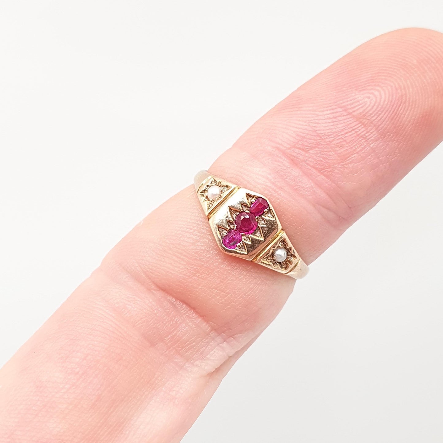 Antique 18ct Gold Natural Ruby & Pearl Ring Victorian Solid 14k Gold Shank Vintage Jewelry Jewellery