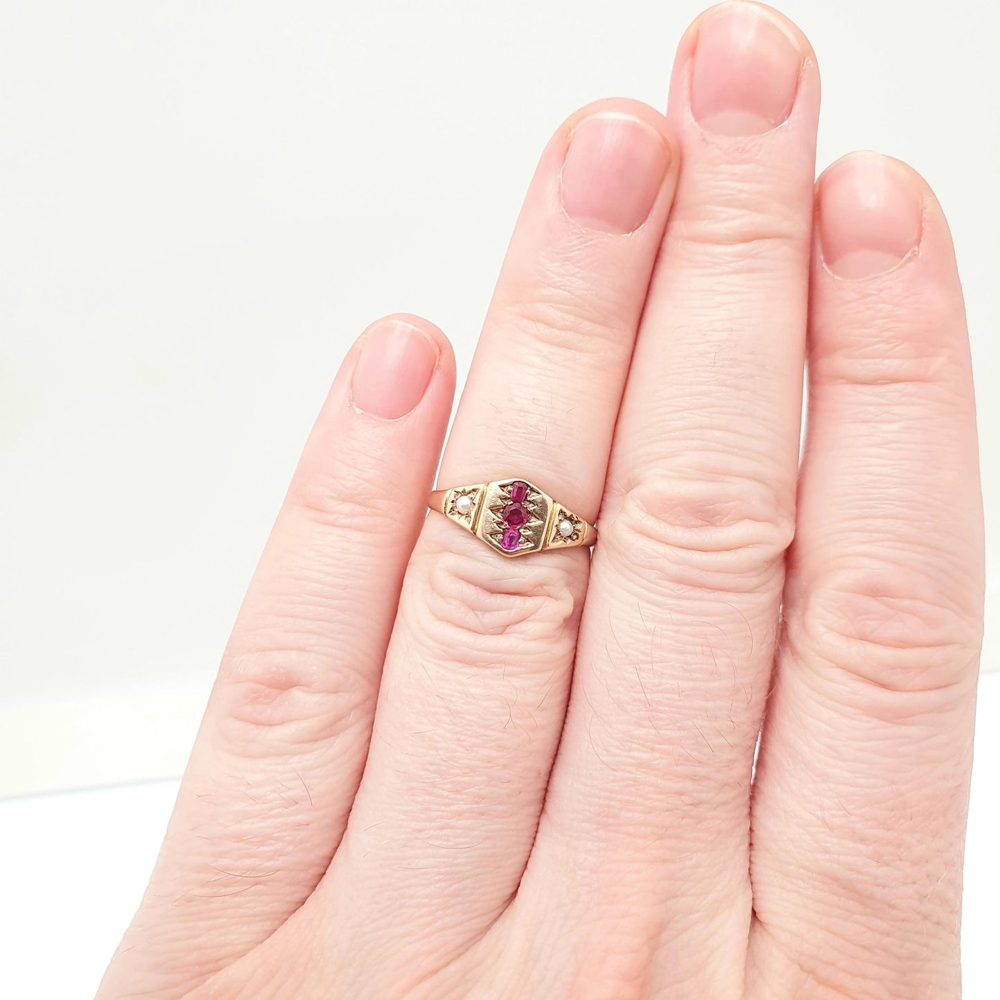 Antique 18ct Gold Natural Ruby & Pearl Ring Victorian Solid 14k Gold Shank Vintage Jewelry Jewellery