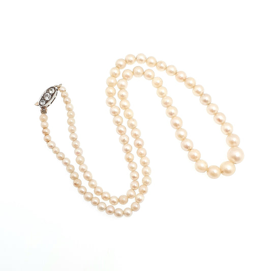 Antique White Sapphire Cultured Pearl Necklace 9ct Gold & Solid Silver Clasp Victorian 14.42g 42cm Vintage Genuine Real Pearls