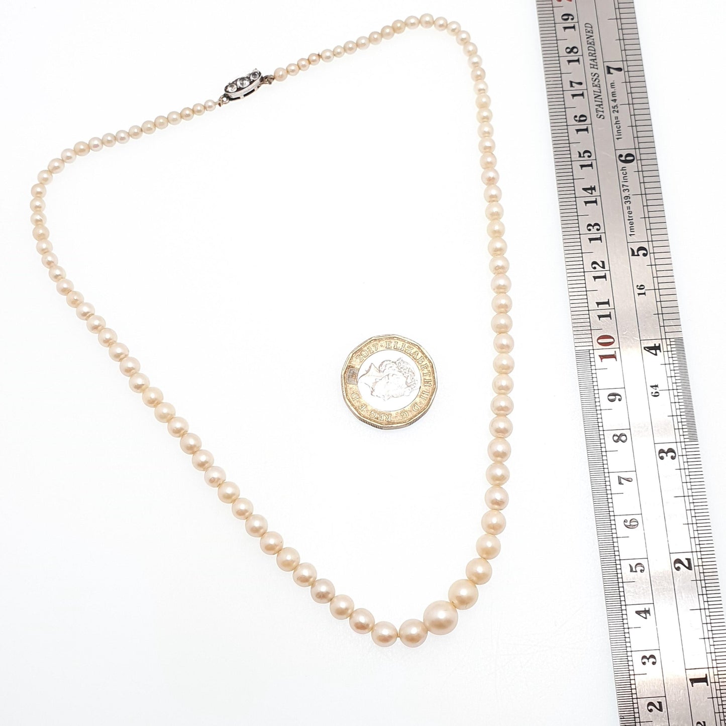 Antique White Sapphire Cultured Pearl Necklace 9ct Gold & Solid Silver Clasp Victorian 14.42g 42cm Vintage Genuine Real Pearls