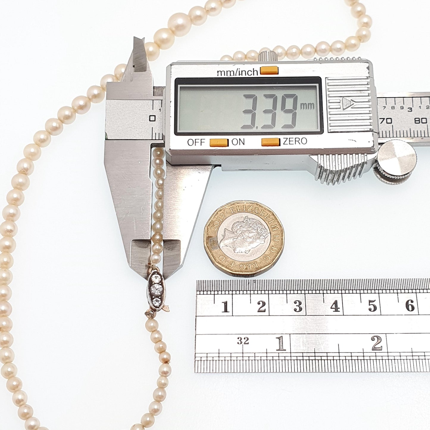 Antique White Sapphire Cultured Pearl Necklace 9ct Gold & Solid Silver Clasp Victorian 14.42g 42cm Vintage Genuine Real Pearls
