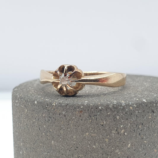 Antique 18k 18ct Gold Diamond Gypsy Ring Solitaire Natural Old Cut 1910 Hallmark Solid 750 Engagement Wedding Vintage
