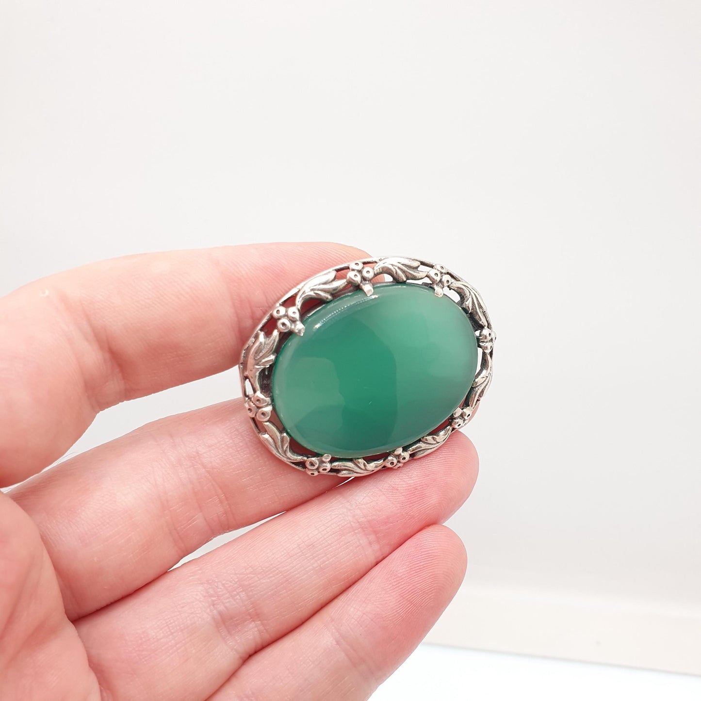 Antique Chrysoprase Solid Silver Brooch Bernard Instone Style Large Big Art Nouveau Vintage Jewelry Jewellery