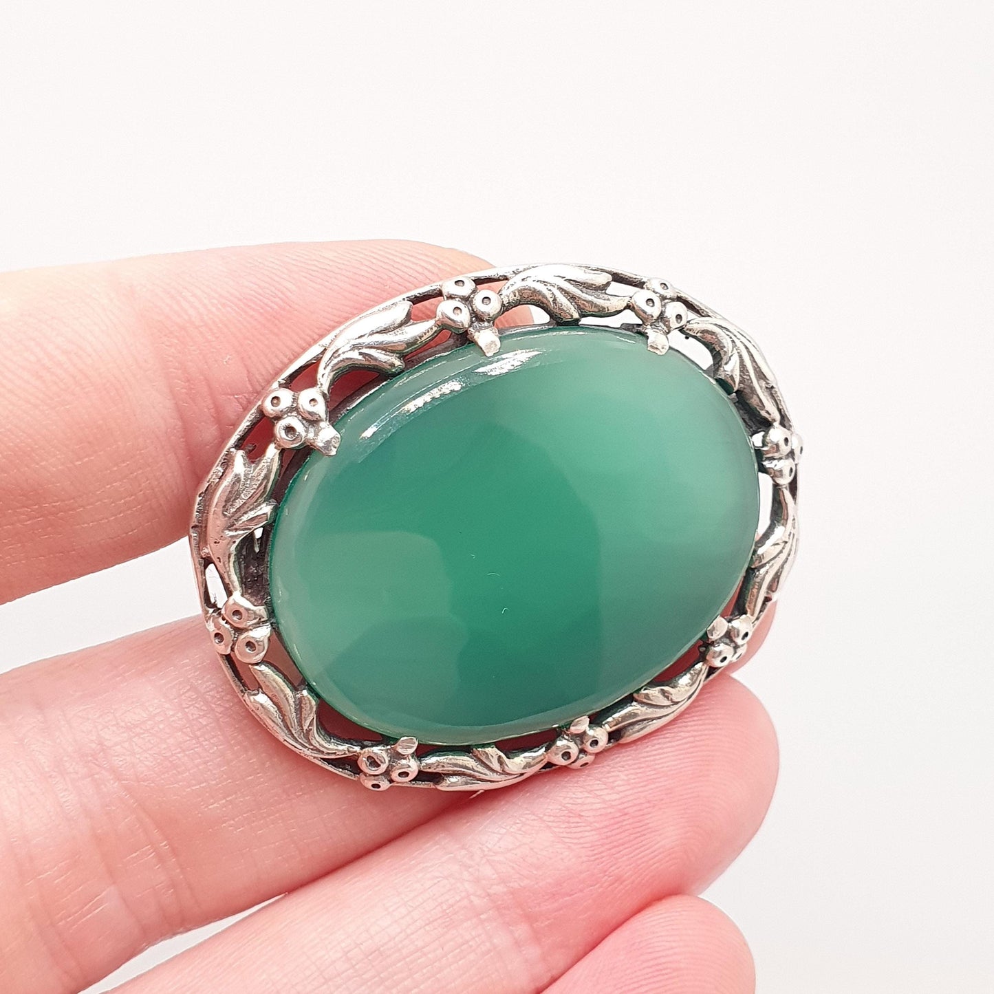 Antique Chrysoprase Solid Silver Brooch Bernard Instone Style Large Big Art Nouveau Vintage Jewelry Jewellery