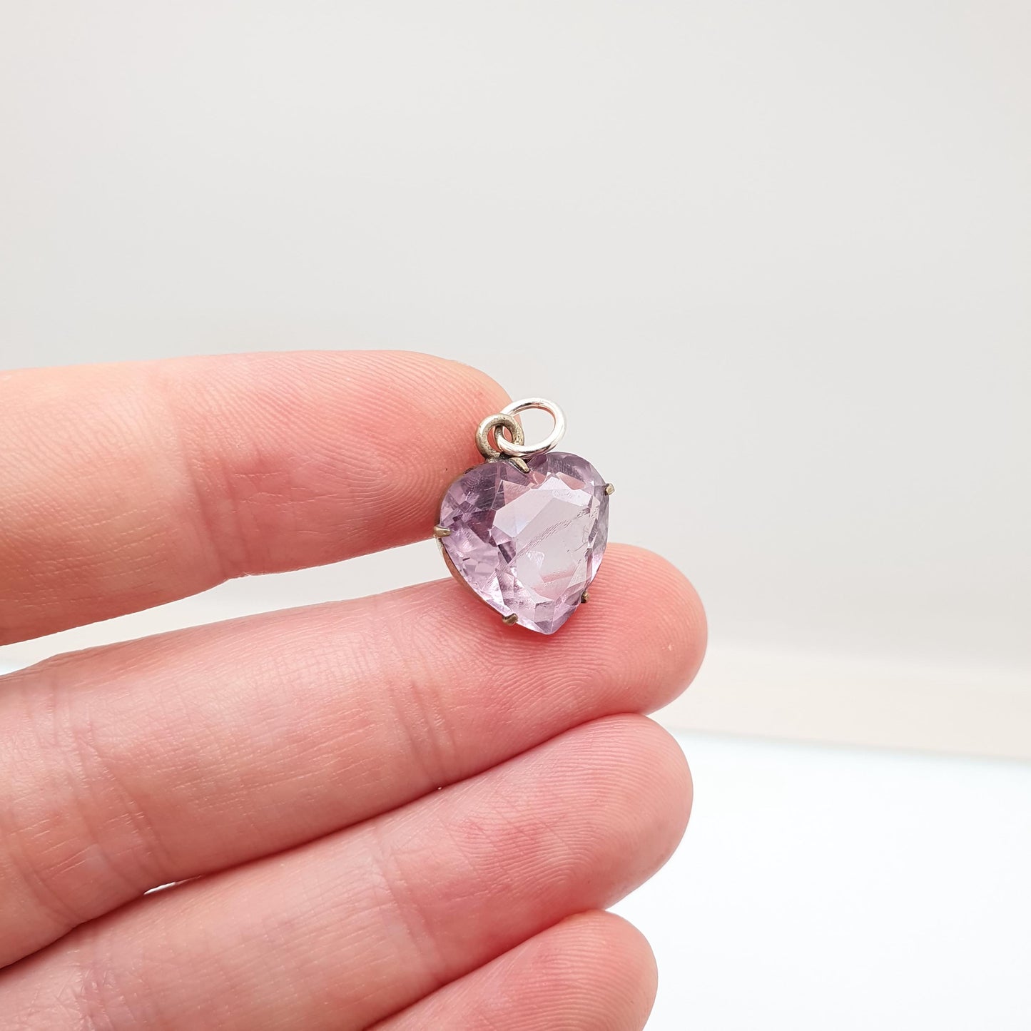 Antique Victorian Natural Amethyst Heart Pendant Charm Lilac Gemstone Silver Tone Base Metal Jewelry Vintage Jewellery