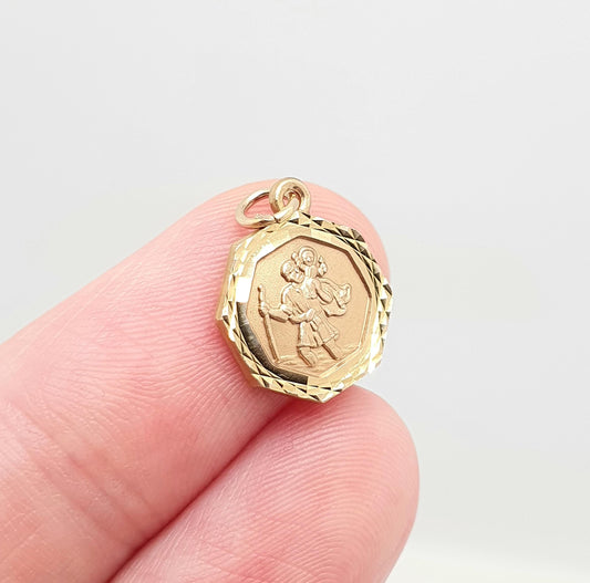 Vintage 9ct 9k Gold St Christopher Charm Pendant Octagonal Small 1979 Hallmark Solid 9kt Necklace Cute Saint Christian Men Women