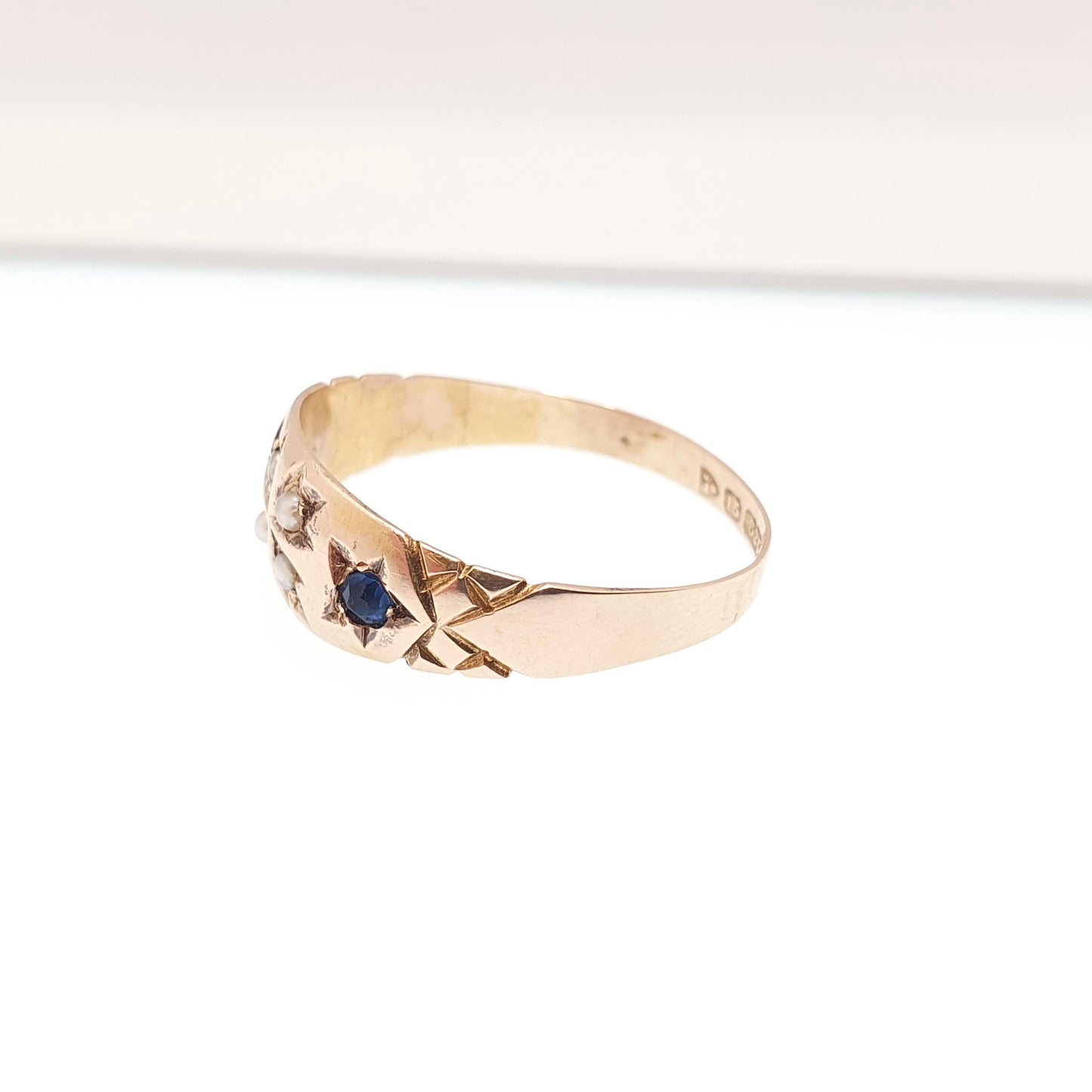 Antique 15ct Gold Sapphire Ring Seed Pearl Cross 1905 Hallmark Solid 625 15 Carat Fine Estate Womens Vintage Jewelry Jewellery
