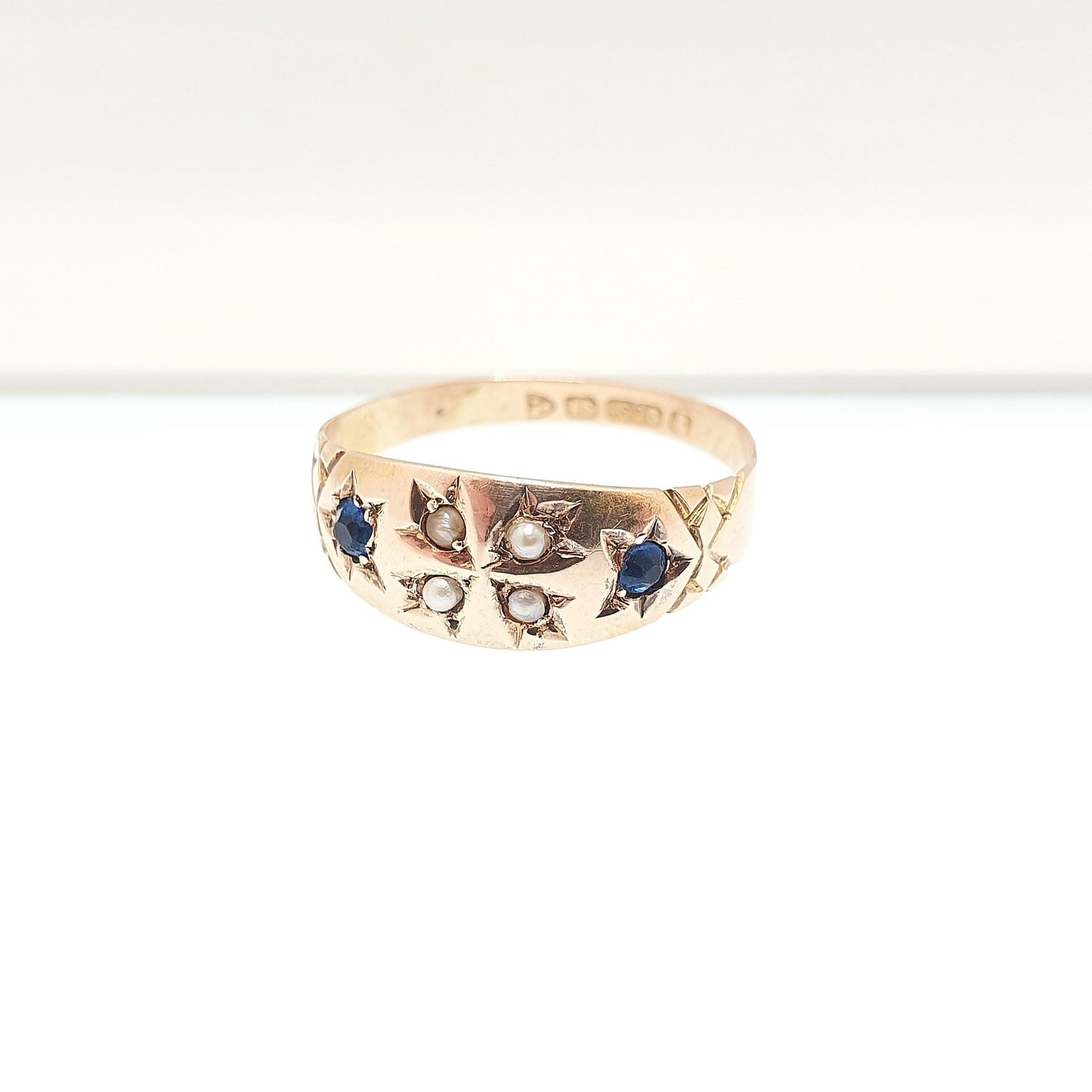 Antique 15ct Gold Sapphire Ring Seed Pearl Cross 1905 Hallmark Solid 625 15 Carat Fine Estate Womens Vintage Jewelry Jewellery
