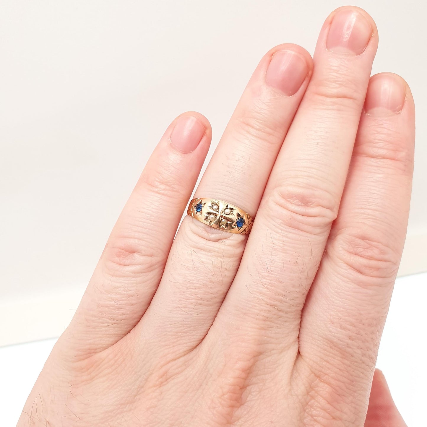 Antique 15ct Gold Sapphire Ring Seed Pearl Cross 1905 Hallmark Solid 625 15 Carat Fine Estate Womens Vintage Jewelry Jewellery