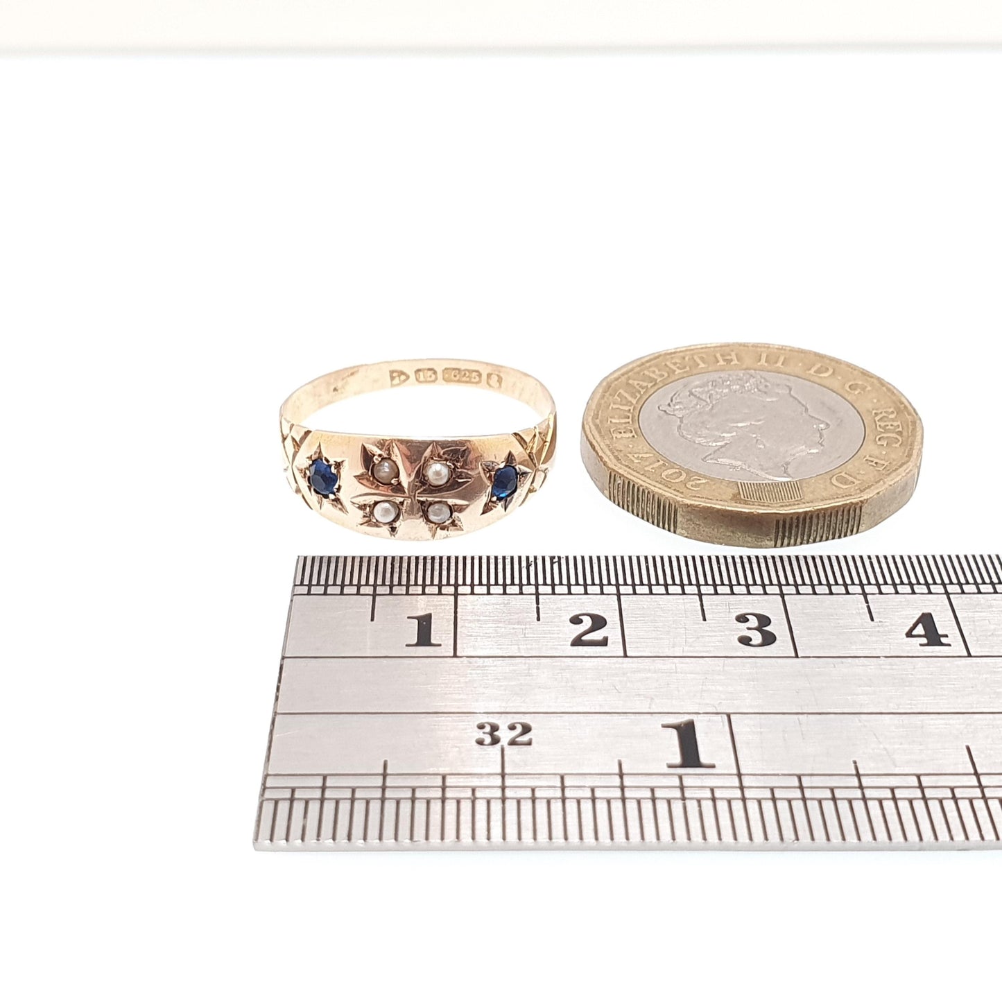 Antique 15ct Gold Sapphire Ring Seed Pearl Cross 1905 Hallmark Solid 625 15 Carat Fine Estate Womens Vintage Jewelry Jewellery