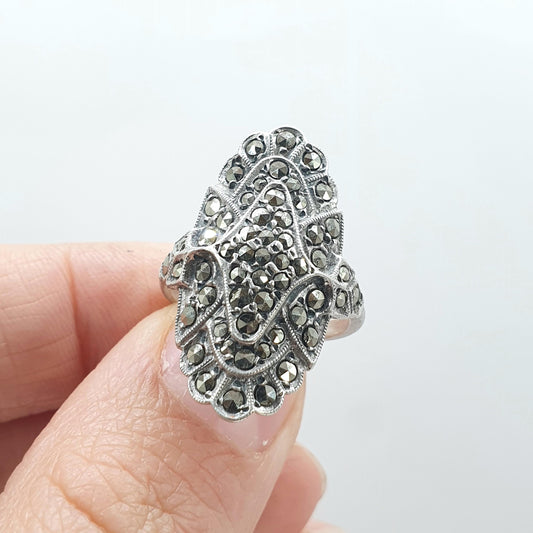 Antique Art Deco Solid Silver Marcasite Boat Ring Flapper Cocktail Large Geometric Sparkly Ladies Womens Jewelry Jewellery UK K US 5.25