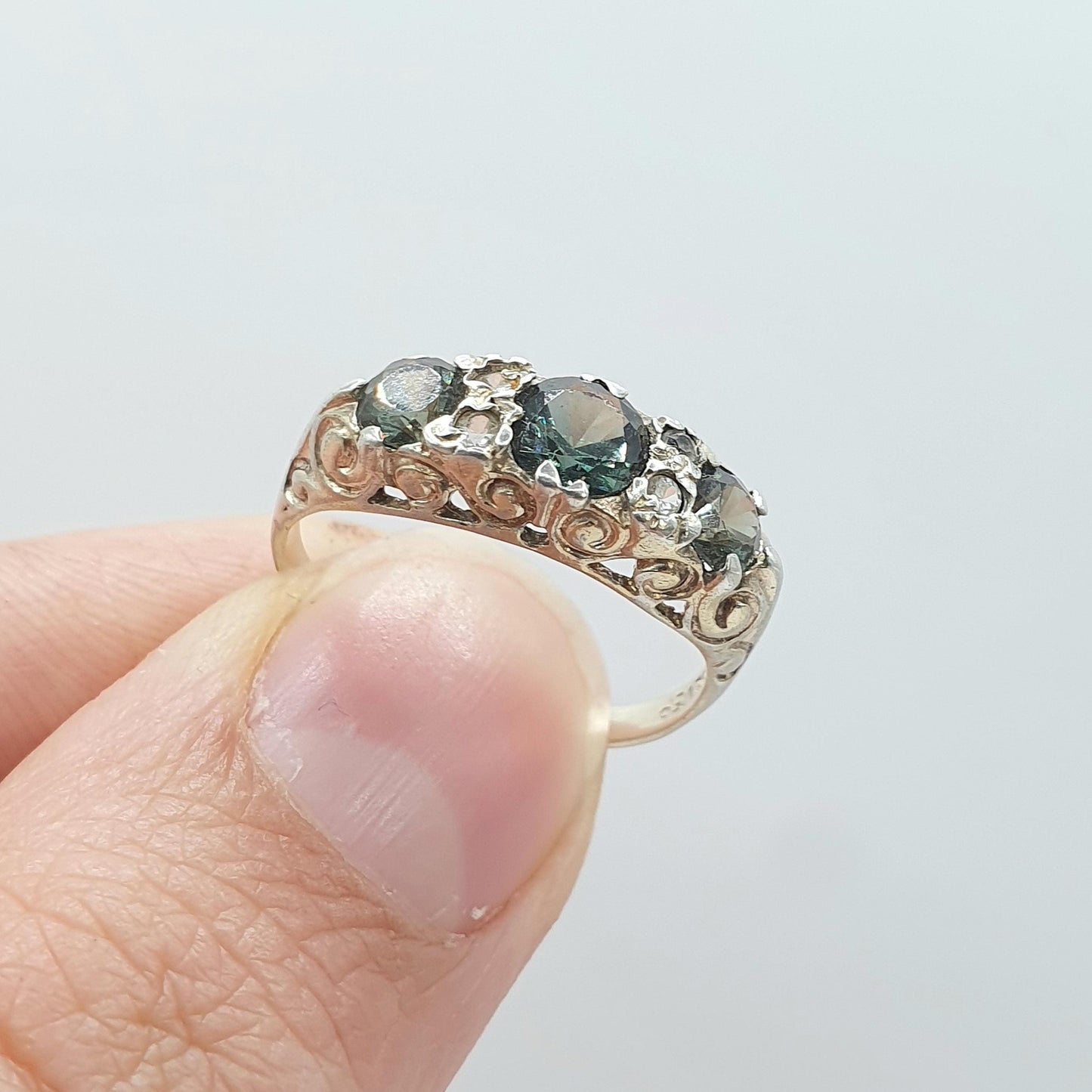 Vintage Sterling Silver Green Spinel & White Quartz Ring Gypsy Style Sparkly Retro Womens Girls Jewellry Jewelry UK L US 5.75