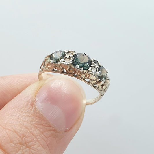 Vintage Sterling Silver Green Spinel & White Quartz Ring Gypsy Style Sparkly Retro Womens Girls Jewellry Jewelry UK L US 5.75