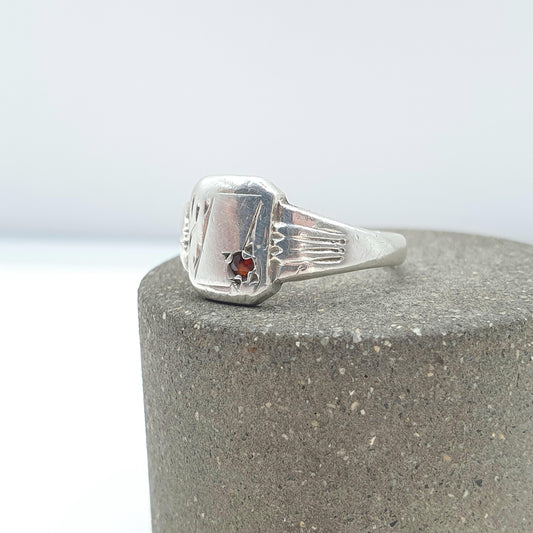 Vintage Sterling Silver Garnet Signet Ring Rectangular Art Deco Style Red Gemstone Mens Womens Chunky Jewelry Jewellery UK N US 6.75