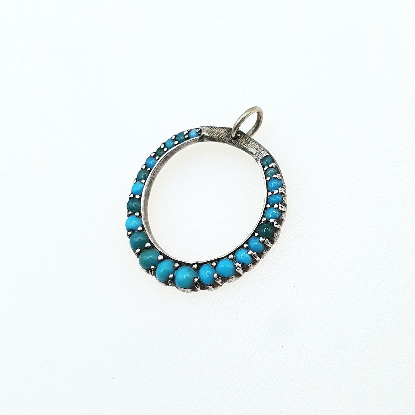 Antique Victorian Solid Silver Natural Turquoise Circle Pendant Necklace Round Infinity Womens Jewellery Jewelry Unisex