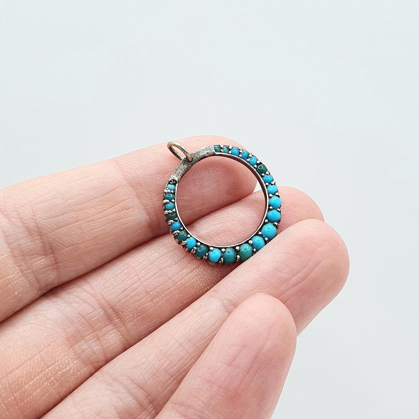 Antique Victorian Solid Silver Natural Turquoise Circle Pendant Necklace Round Infinity Womens Jewellery Jewelry Unisex