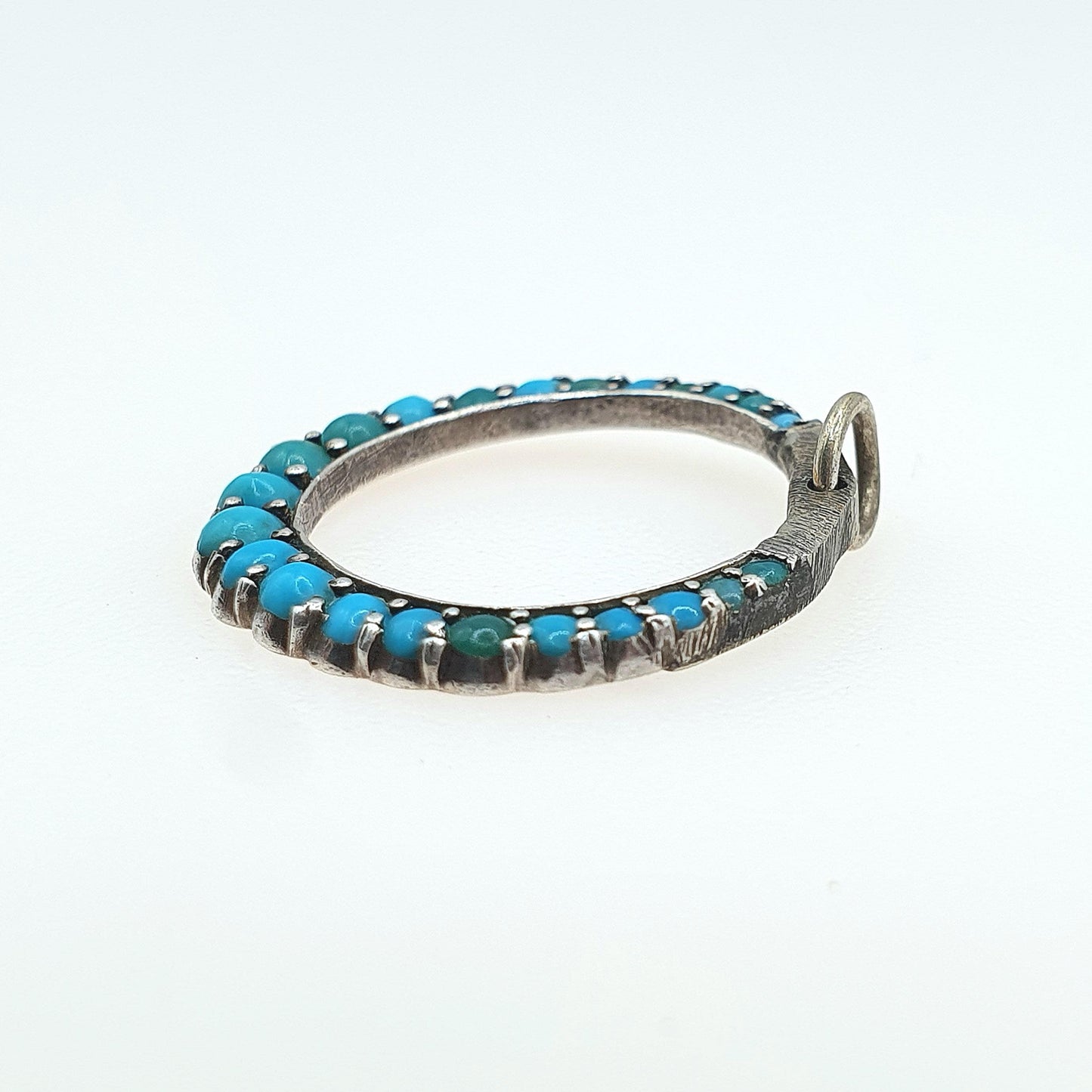 Antique Victorian Solid Silver Natural Turquoise Circle Pendant Necklace Round Infinity Womens Jewellery Jewelry Unisex