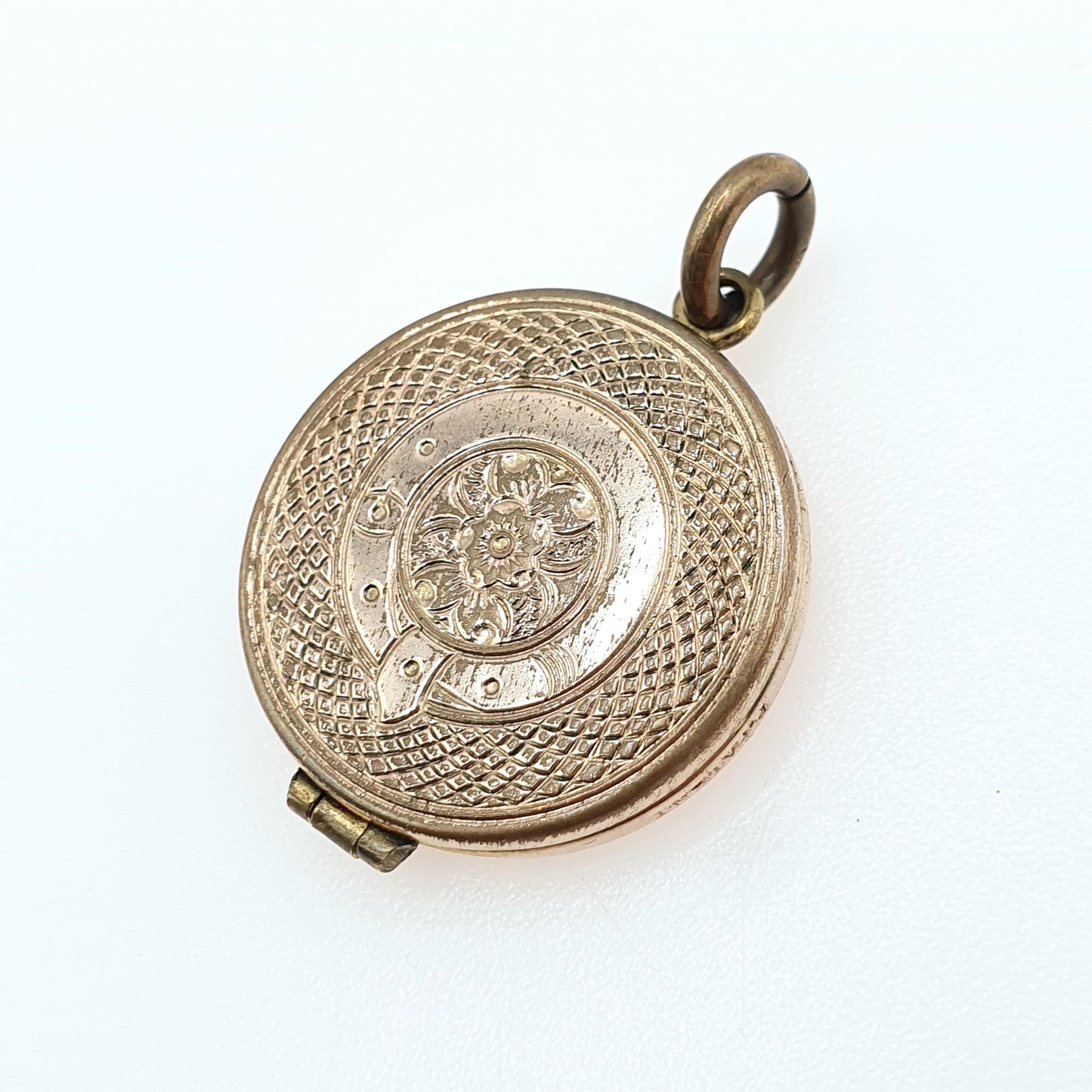 Antique Victorian Rose Rolled Gold Locket Round Buckle Pattern and Flower Pattern Vintage Photo Necklace Womens Jewellery Jewelry