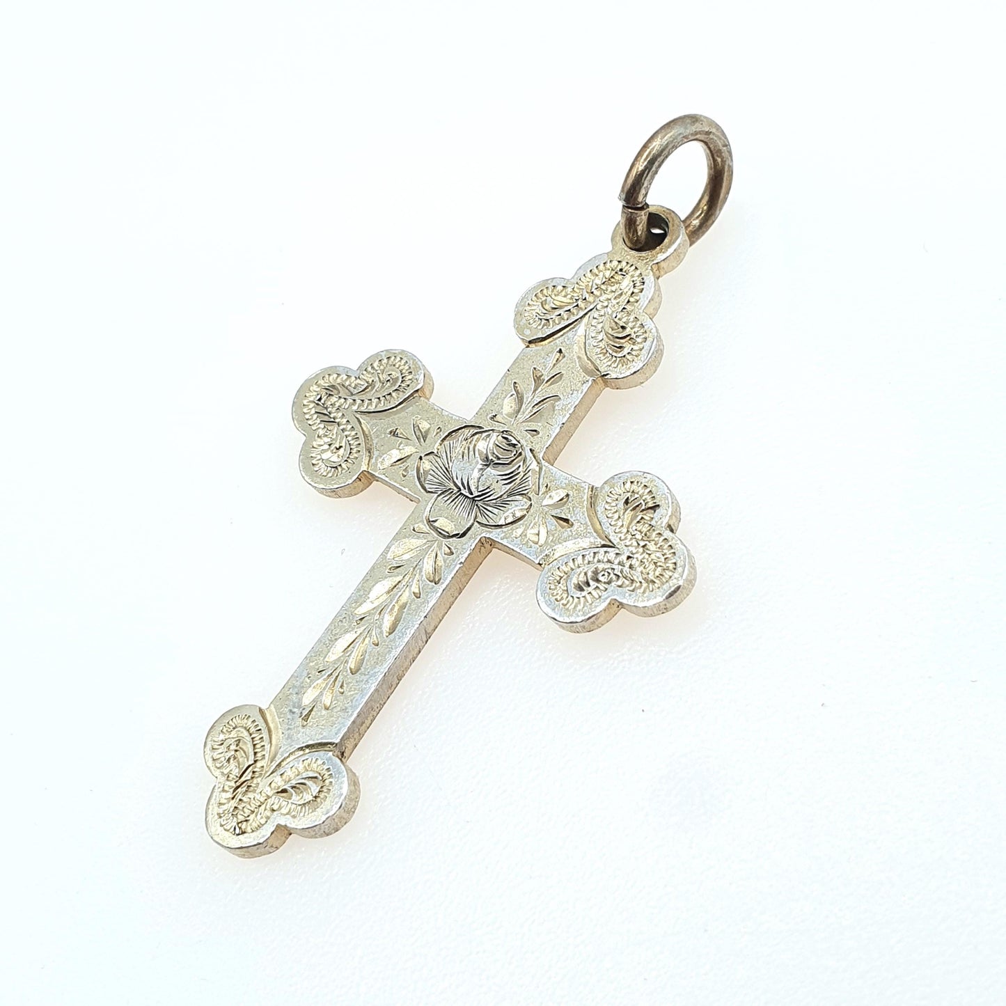 Antique Victorian Sterling Silver Bulbed Cross Crucifix Pendant Gold Vermiel Womens Unisex Jewelry Jewellery Necklace Religious
