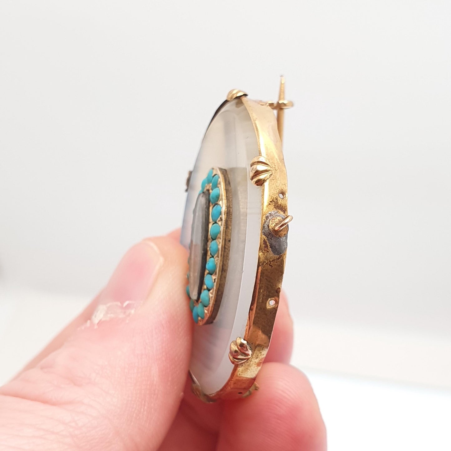 Antique Victorian Rolled Gold Turquoise Brooch White Chalcedony Mourning Locket Vintage Natural Jewelry Jewellery