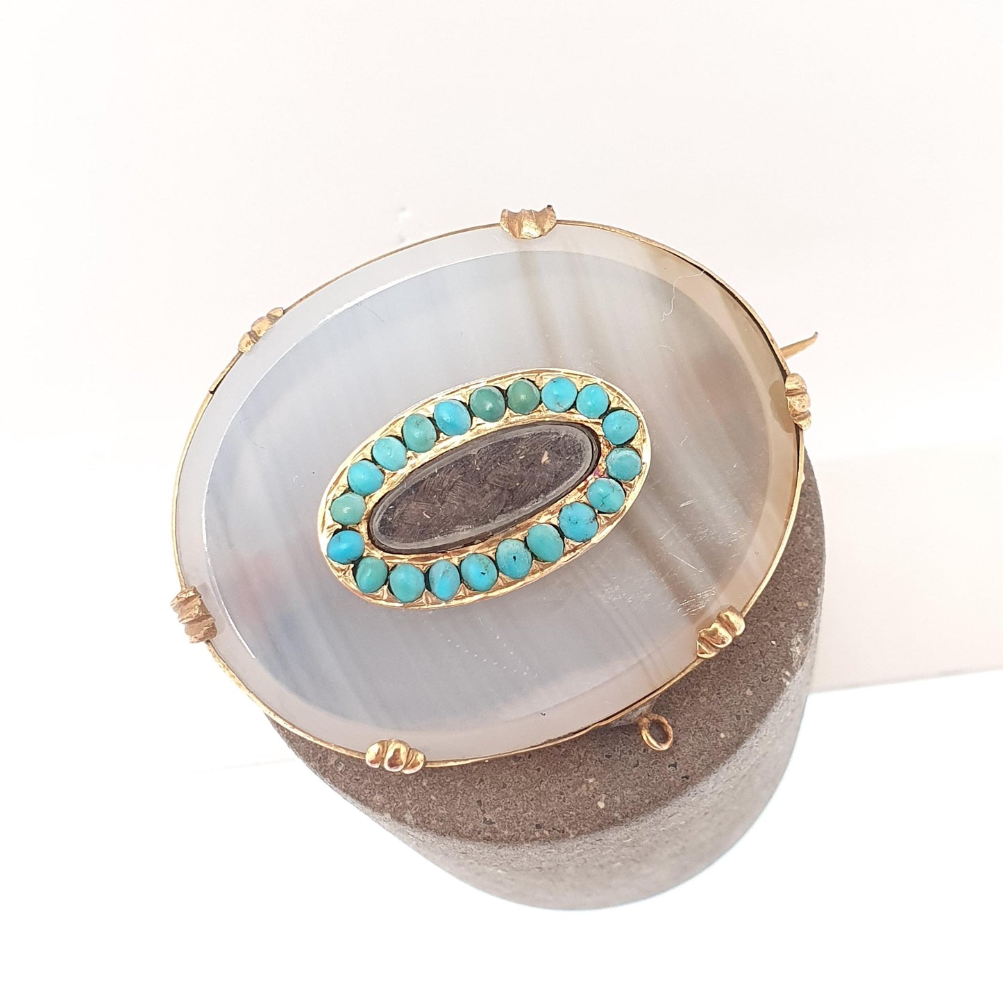 Antique Victorian Rolled Gold Turquoise Brooch White Chalcedony Mourning Locket Vintage Natural Jewelry Jewellery