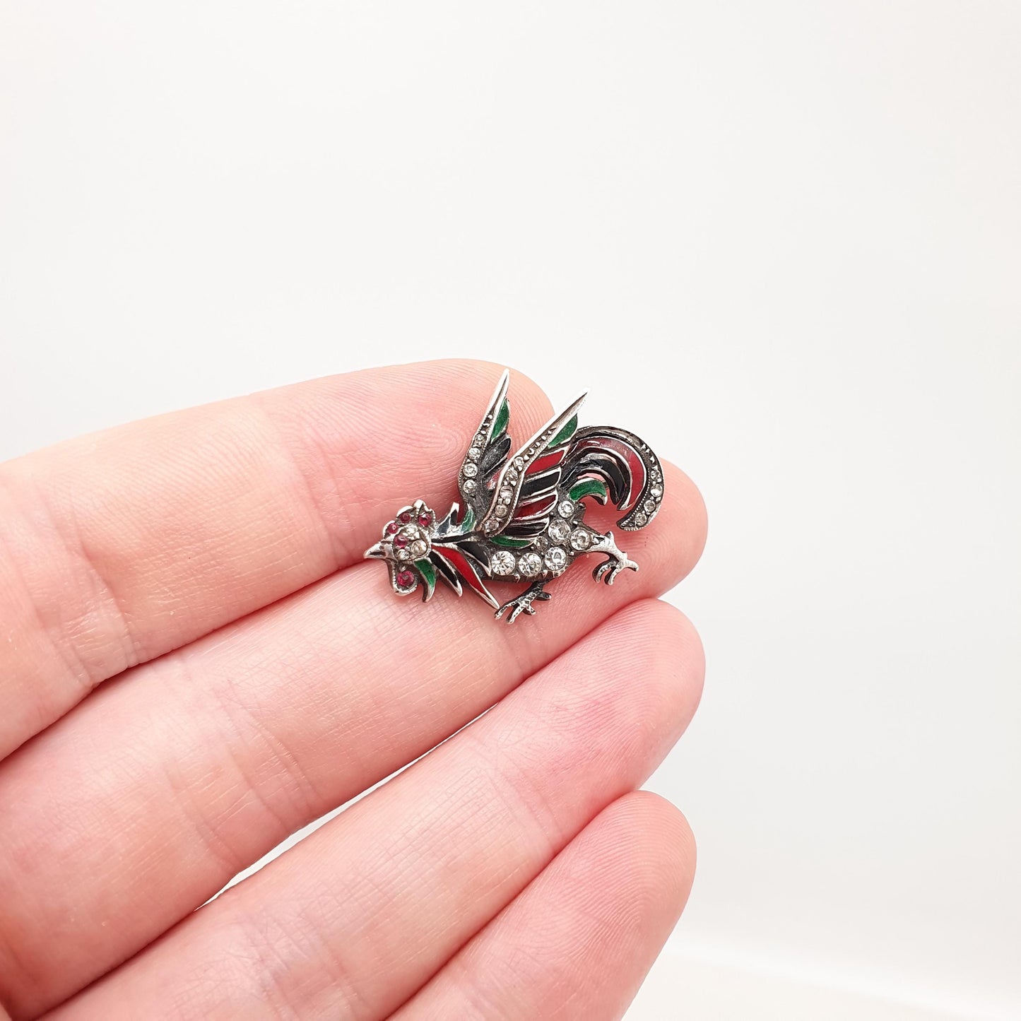 Antique Solid Silver Rooster Cockerel Bird Brooch Ruby Paste Diamond Pastes Enamel Victorian Chicken