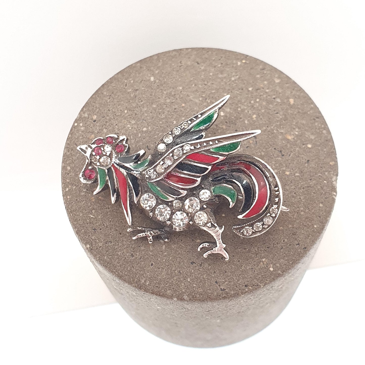 Antique Solid Silver Rooster Cockerel Bird Brooch Ruby Paste Diamond Pastes Enamel Victorian Chicken
