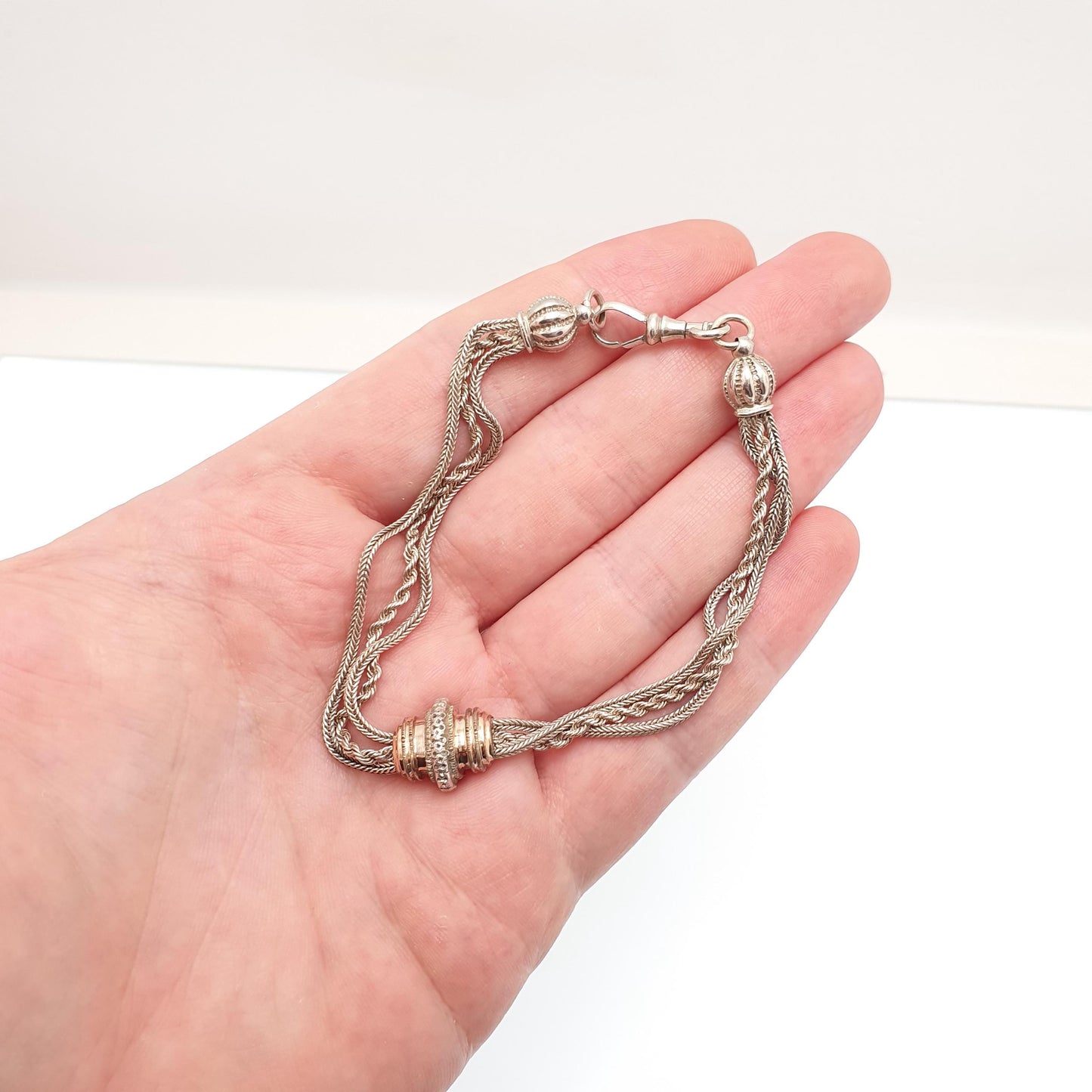 Antique Solid Silver Albertina Bracelet Victorian Rose Gold Slider Dog Clip 11.63g 21.5cm Vintage Womens Jewelry Jewellery
