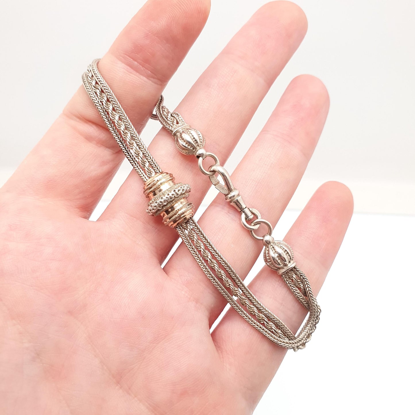 Antique Solid Silver Albertina Bracelet Victorian Rose Gold Slider Dog Clip 11.63g 21.5cm Vintage Womens Jewelry Jewellery