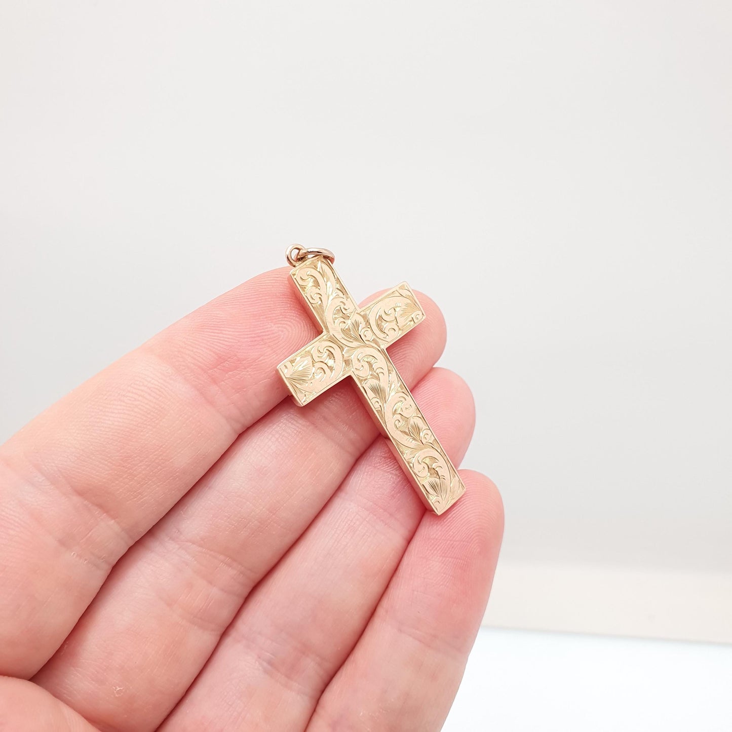 Antique 9ct 9k Rose Gold Crucifix Necklace Cross Pendant Scroll Engraved Large Big Solid 375 Vintage