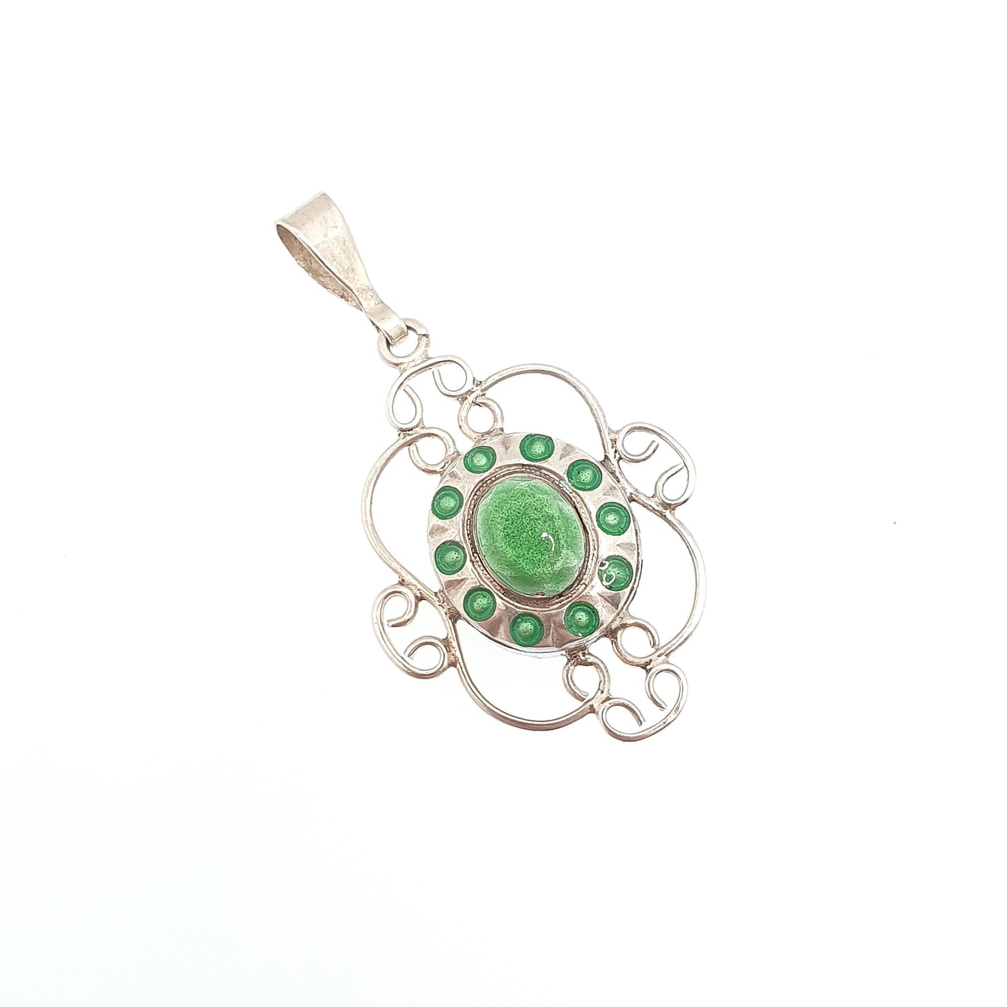 Antique Solid Silver Enamel Pendant Art Nouveau Necklace Green Champleve Arts and Crafts Flower Shape Hanging Vintage Jewellery Jewelry