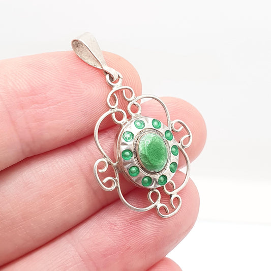 Antique Solid Silver Enamel Pendant Art Nouveau Necklace Green Champleve Arts and Crafts Flower Shape Hanging Vintage Jewellery Jewelry