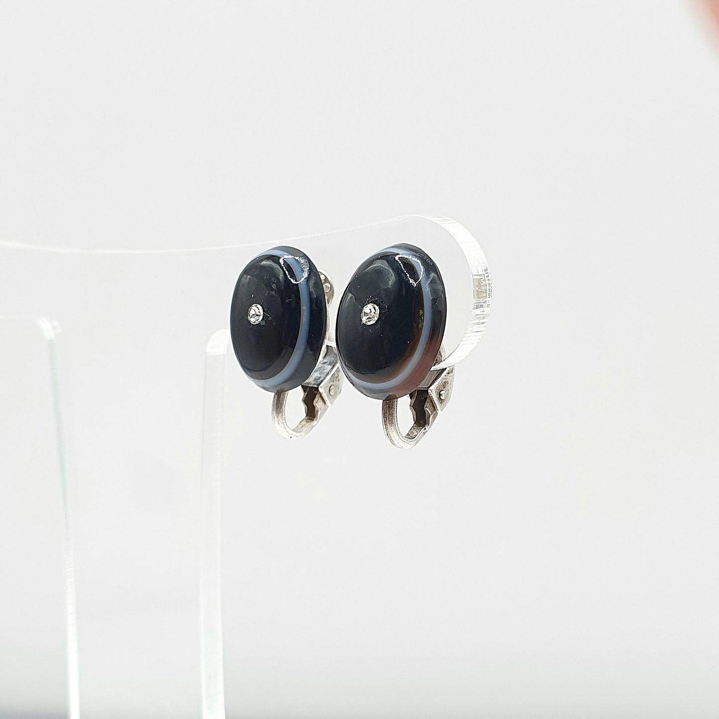 Antique Victorian Solid Silver Diamond Paste Bullseye Agate Earrings Genuine Gemstone Clip On Jewelry Jewellery Unisex Womens